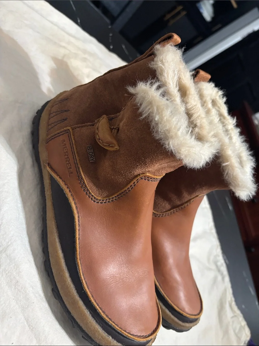 Merrell Chestnut Brown Leather Shearling Winter Ankle Boots
